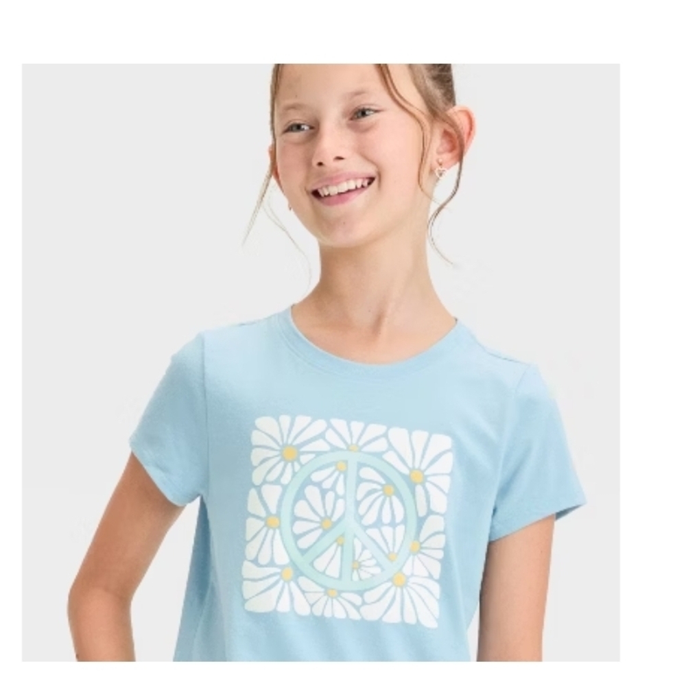 Girls' Short Sleeve 'Peace' Graphic T-Shirt - Cat & Jack™ Dusty Blue Medium NWT!